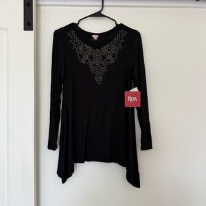 NEW Reba Black Long Sleeve Beaded Top Stretch Soft Tunic Whimsigoth Western NWT